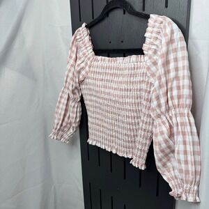 mi ami Pink White Gingham Square Neck Smocked Crop Top Puff Sleeve Womens XL